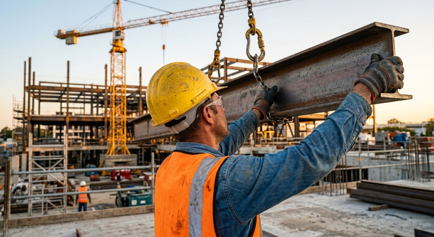 Steel fabricator guiding a beam on a construction site